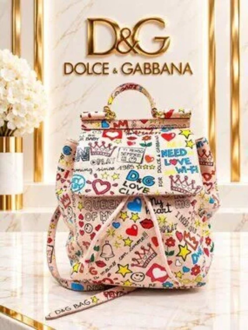 Authentic Dolce & Gabbana D&G Graffiti Pink Leather Backpack Multicolor Designer